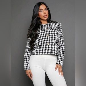 Plaid Pattern Button Front Blazer Overcoat Black White Tweed Jacket Boucle XS/S